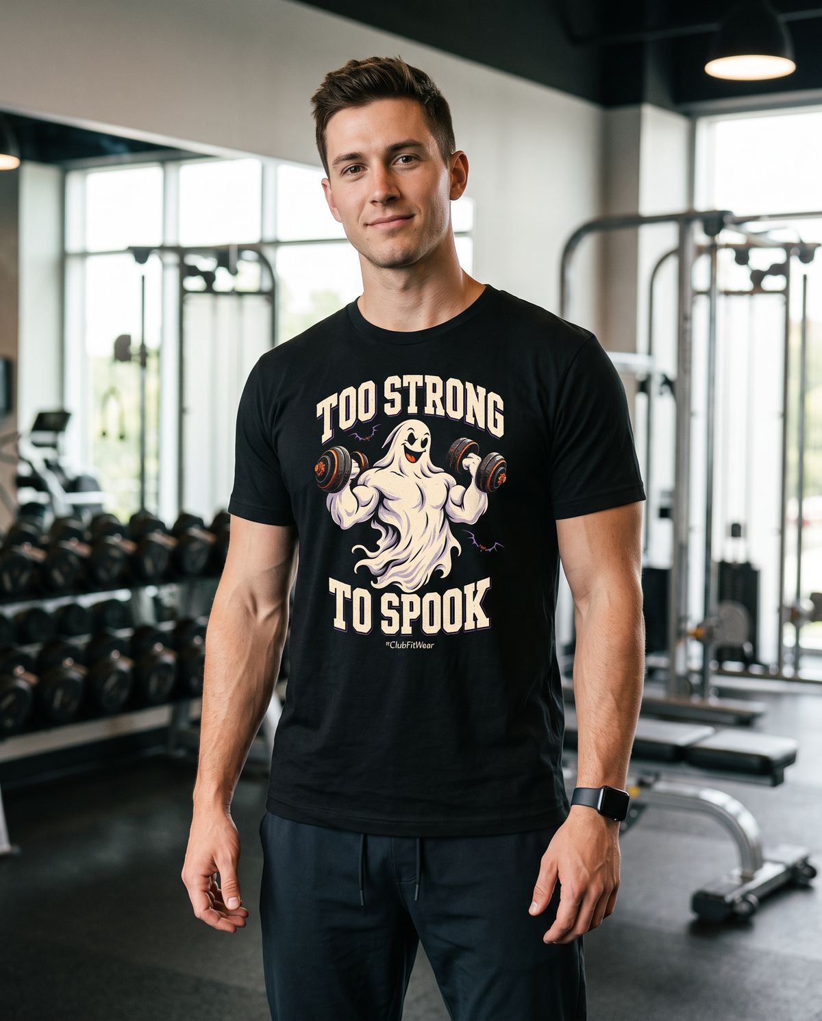 Too Strong to Spook unisex tee on model in gym