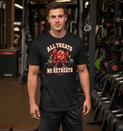 All Treats No Retreats unisex tee on model in gym