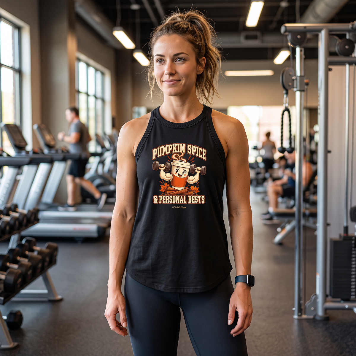 Pumpkin Spice and Personal Bests rocker tank on model in gym