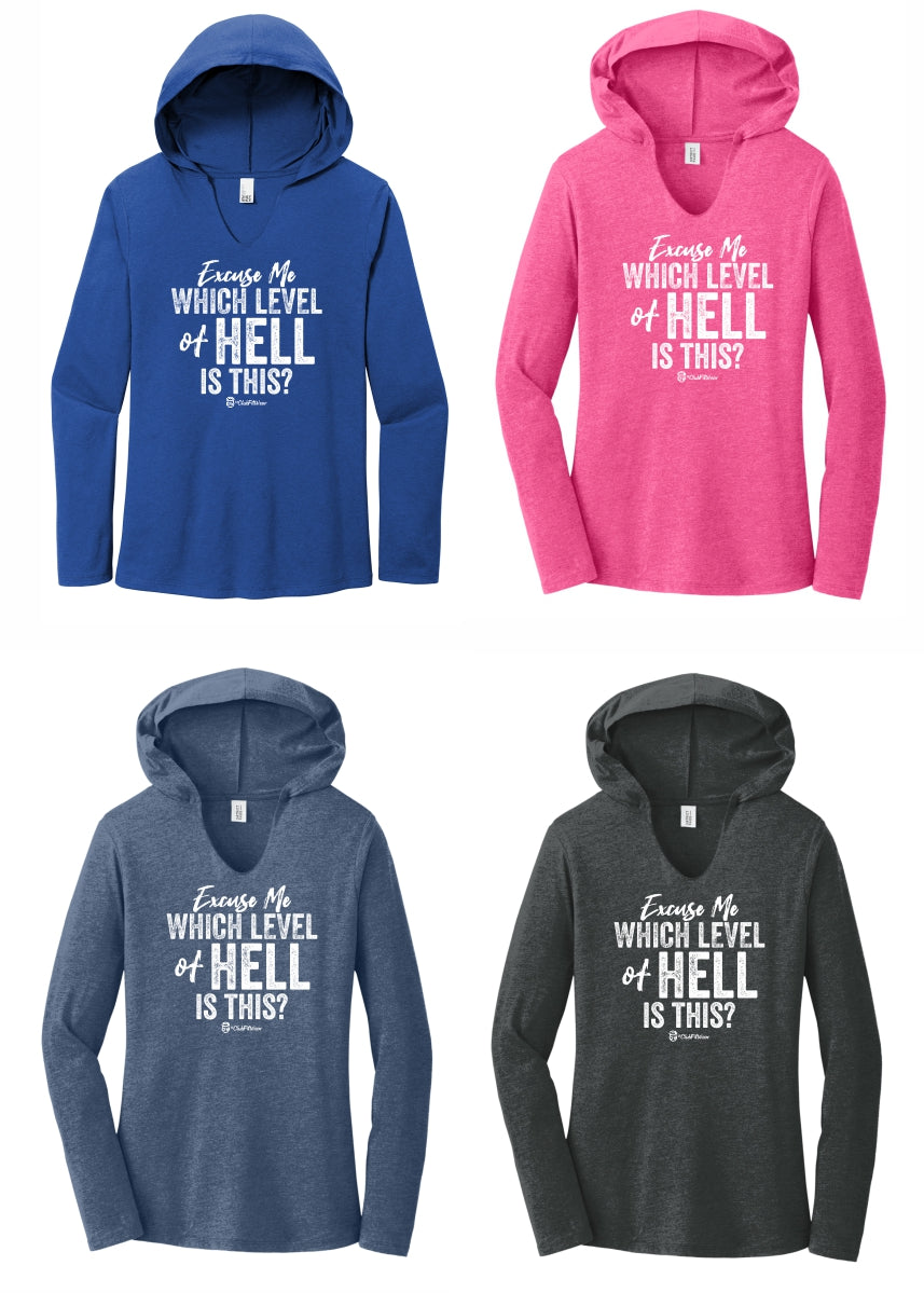 Excuse Me Which Level of Hell is this? - Women's V-Neck Hooded Pullover